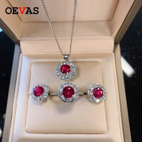OEVAS 100% 925 Sterling Silver Sparkling High Carbon Diamond Ruby Ring Pendant Necklace Stud Earrings For Women Fine Jewelry Set