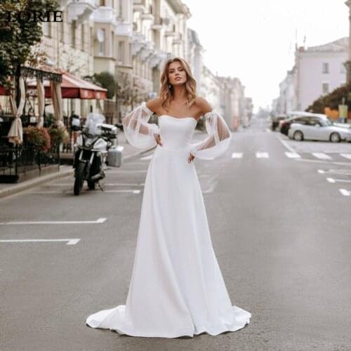 LORIE A Line Satin Wedding Dress With Detachable Puff Sleeve Elegant Wedding Bridal Gowns vestido de noiva Boho Style