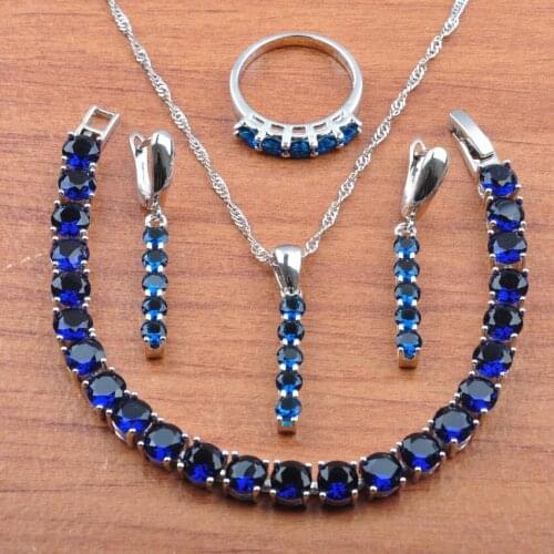 Birthday Gift Jewelry Rose Blue Zirconia Silver Color Jewelry Set Earrings Necklace Pendant Rings Bracelet Set JS0405