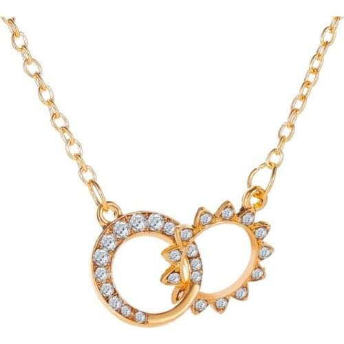 Simple Golden White Two Circles Bling Starry Clear Crystal Flower Pendant Alloy Charm Necklace For Women