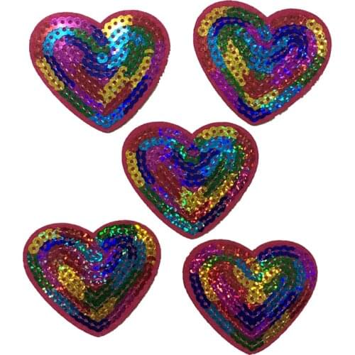 Rainbow Color Heart Sequined Iron on Patches for Shoes bags Clothes Sequins Hearted-shape Embroidery Appliques 12pcs/lot