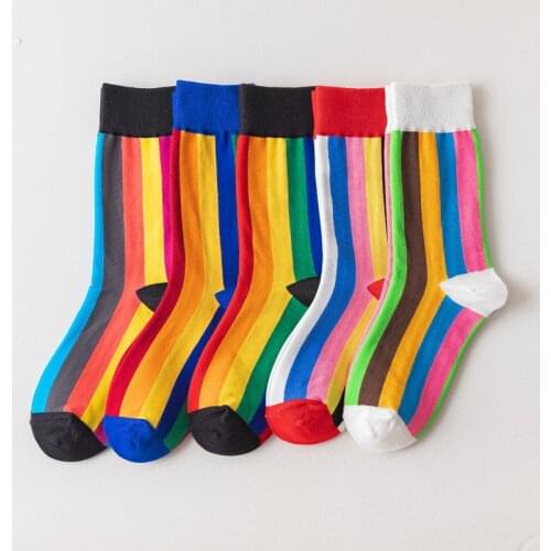 Rainbow Socks Cotton Creative Couple Womens Socks 1 Pair Rainbow Vertical Stripes Tube Socks College Womans Girls Socks