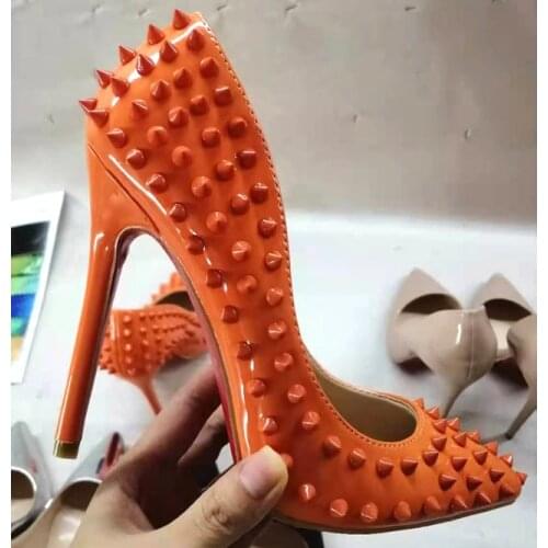 Sexy Metallic Rivets Studded Orange Color Pumps Spikes Patent Leather High Heels Female Evening Party Pointed Toe Shoes