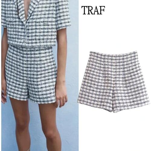 TRAF Za 2021 Shorts Women Autumn High-Waisted Texture Plaid Office Womens Shorts Elegant Womens Clothing Korean Mini Shorts