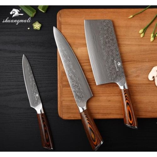 Shuangmali 3PCS Cooking Chef Knife Set 5Cr15 Stainless Steel Utility Kitchen Knives Slicing Meat Cleaver Chinese Knife Set