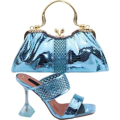Top grade lake blue women dress shoes and bag with nice rhinestone decorate african pumps match handbag set V260-2,heel 12CM