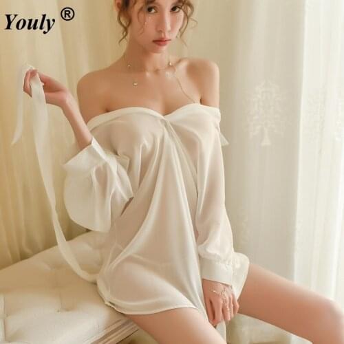 Women Sexy Long White Shirt Sleepwear Loose V-neck Top 2020 Lingerie Thin Transparent White Black Blouse Nightgown Nightdress