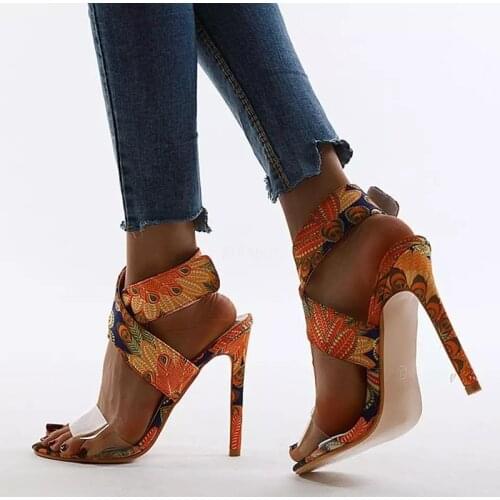 2021 Orange High Heels Sandals Women PVC Thin High Heels Slides Cross Party Shoes New Summer Zapatillas De Mujer Womens 36-43