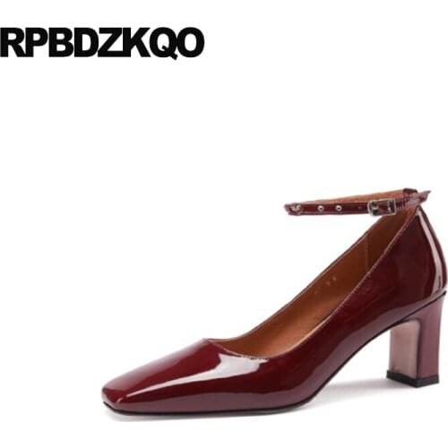 Big Size Pumps Square Toe High Heels Wine Red Rivet Designer Women Luxury 2021 Shoes Stud 11 43 Ankle Strap Thick Patent Leather