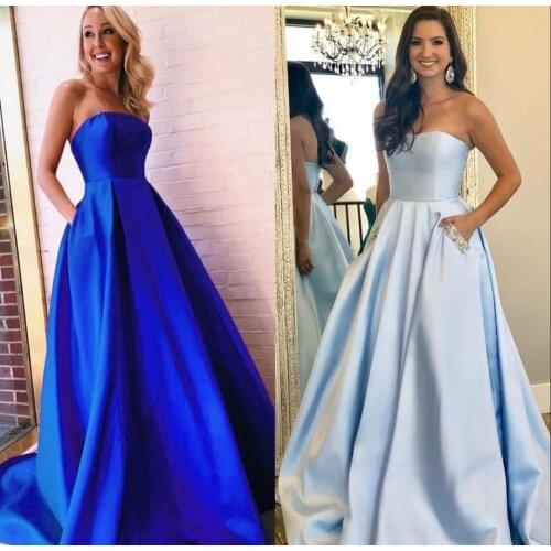 Satin Royal Blue Long Strapless Evening Dresses with Pockets A-Line Criss Cross Back Abendkleider Robes De Soirée for Women