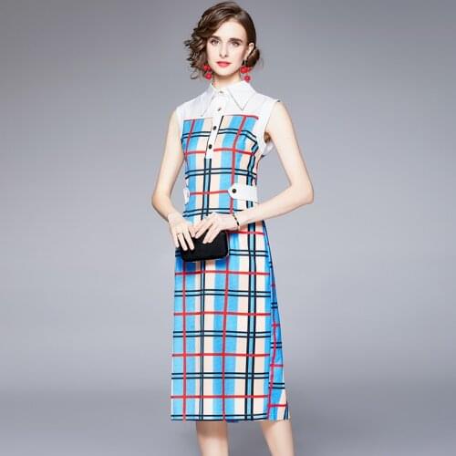 Runway Designer Shirt Collar Vintage Plaid Dress 2021 Summer Sleeveless Knee-Length Bodycon Pencil Office Work Dress k537