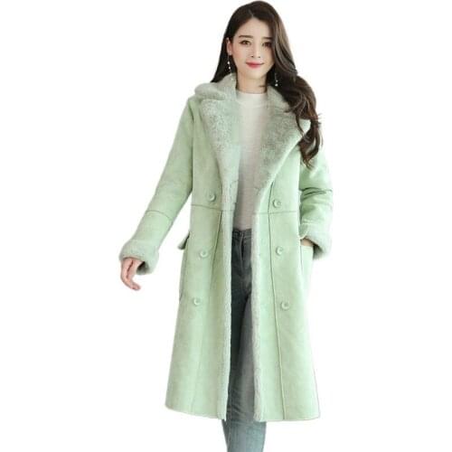 Winter Lamb Wool Inner Coat Women Turn-down Collar Mid-length Coat Korean New Deerskin Velvet Green Slim Fur Jacket JD1799