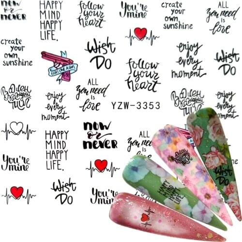 YZWLE 2020 1 Sheet Leaves Nail Water Transfer Decals Sliders Stickers For Nails Art Black Letters Designs Foils Decorations