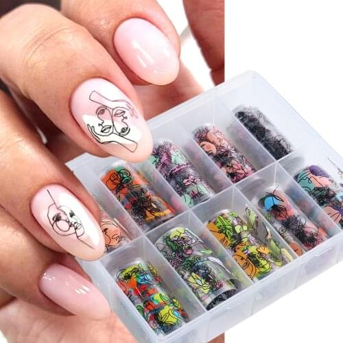 Abstract Line Lady Face Image Nail Foils Black Colorful Fashion Flower Leaf Tree Nails Art Sticker Transfer Decorations LEFB2021