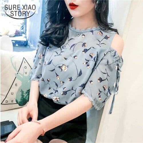 Blusas 2021 Fashion Women Blouse Summer Short Sleeve Chiffon Shirt Off-Shoulder Top Print Korean Top Chic Lady Clothing 10035