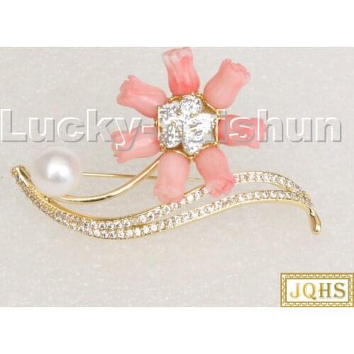 AAA 100% natural carved pink coral flower white pearls brooch pendant c248