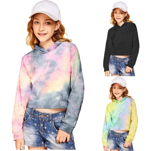 Kids Teen Girls Crop Tops Tie-Dye Print Hoodies Long Sleeve Casual Pullover Sweatshirts Tops 3 5 7 9 11 Years sweat fille