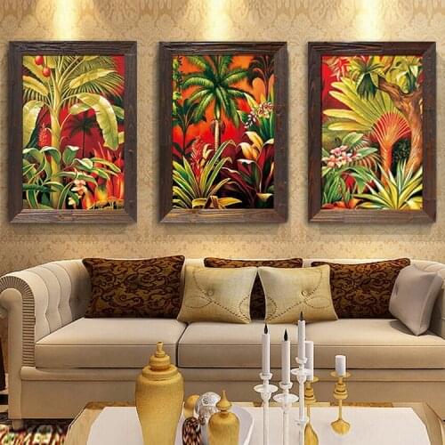 EECAMAIL Southeast Asian Style Tropical Plants 5D Diy Full Triptych Diamond Painting Cross Stitch Modern Fresh Home Decor Art