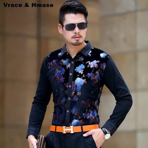 Personalized colorful flowers printing gold velvet quality shirt Bussinees casual slim boutique long-sleeved shirt men S-XXXL