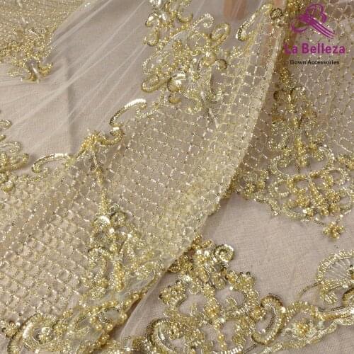 Hot selling gold heavy beading lace fabric,black,ivory pearls beads lace,gown lace fabric, 1 yard