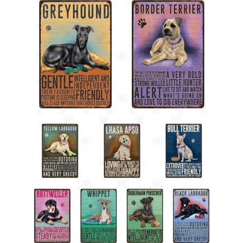 Retro Style Pet Metal Sign Cartoon Dogs Pug Dachshund Border Collie Greyhound Shabby Chic Decor Wall Art Vintage Plaque Decor