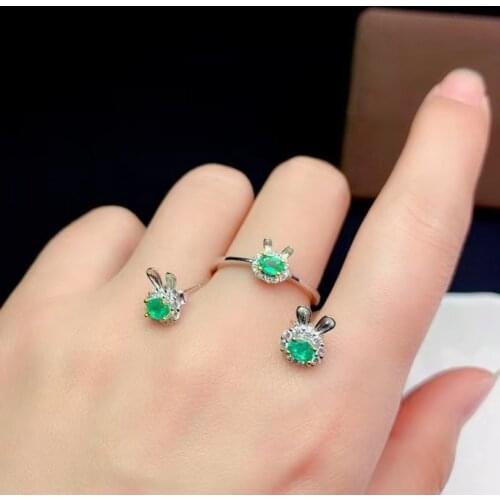 CoLife Jewelry Cute Bunny Earrings Ring for Girl 3mm*4mm Natural Emerald Ring Earrings Set 925 Silver Emerald Jewelry