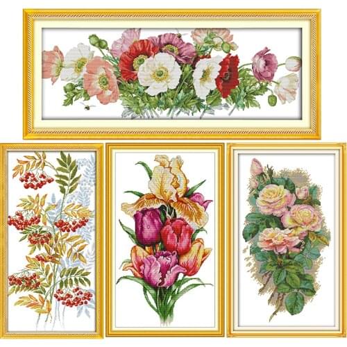 Different Flowers Printed Pattern Cross Stitch Kits 11CT14CT Counted Crafts DMC Fabric Handmade Sewing Needlework Embroidery Set