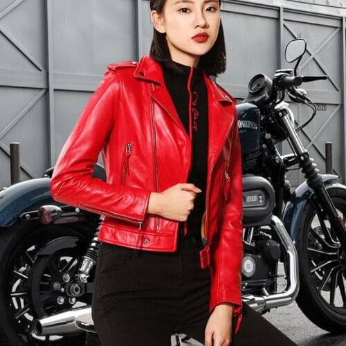 Autumn Women Genuine Motorcycle Jacket Short Sheepskin Real Leather Slim Design Coat Red Black Jackets Large Size XXXL