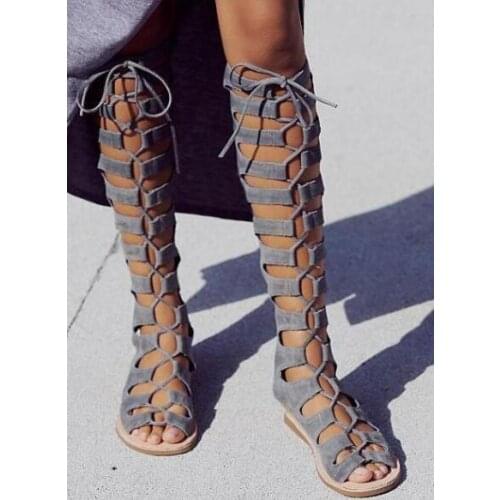 Sexy Open Toe Ladies Gladiator Boots Fashion Gray Suede Leather Women Lace Up Boots Zipper Back Female Summer Knee High Boots