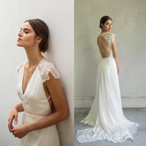 Simple Charming V-neck Neck Wedding Dress With Lace Backless Bridal Dress vestido de festa de casamento