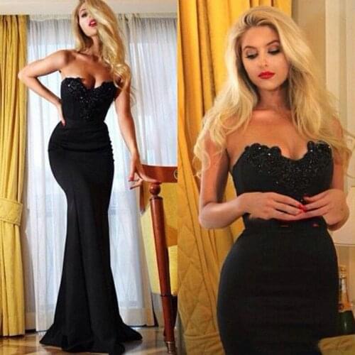 Black Sexy Mermaid Prom Dress Formal Evening Dresses Strapless Satin Applique Lace Floor Length Party Cocktail Dress