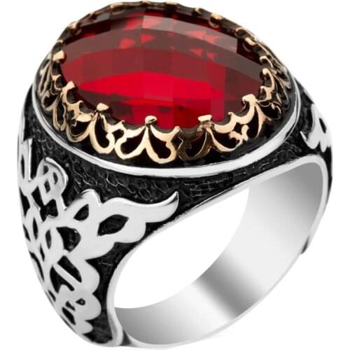 Symmetric Oval Red Zircon Men Ring Handcarved Men Jewelry High Quality Fashionable Ring Vitange Men Accessory