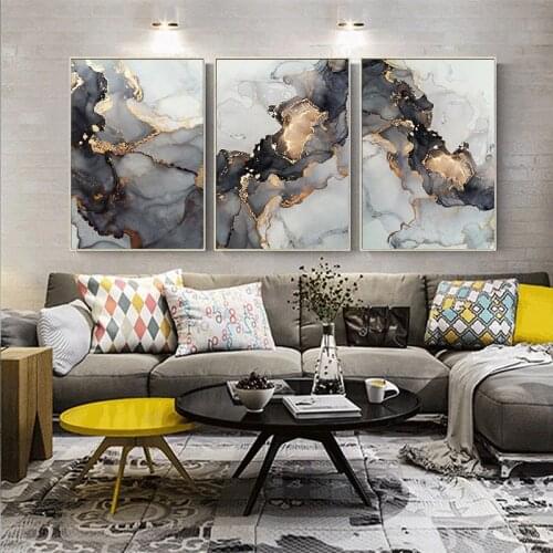 Nordic Abstract Gray Gold Fluid Art Marble Texture Abstract Wall Art Canvas Posters and Prints Living Room Decoration Painting