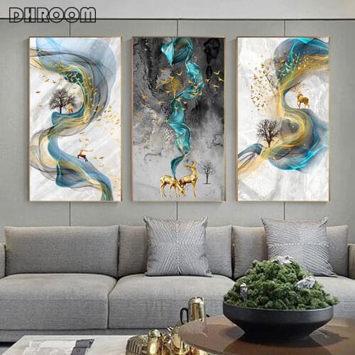 Modern Abstract Golden Deer Painting Big Size Poster Blue Print Gold Wall Art Picture for Living Room Modern Cuadros Canvas Art