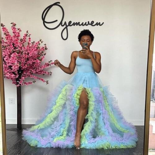 Light Blue Casual Elegant Women Dress Tulle Ruffle Layered Ruffle Floor Length High Split Strapless Evening Dress Plus Size