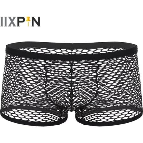 Men Fishnet Boxer Panties Underwear Breathable Mesh See Through Sheer Lingerie Transparent Box Underwear Low Rise Underpants