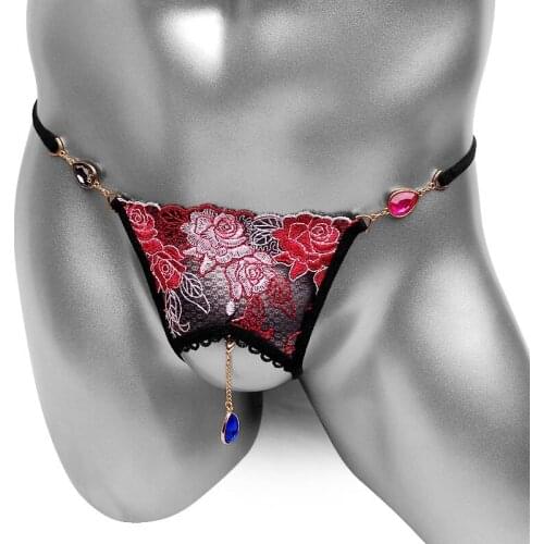 Open Crotch Sissy Panties Embroidery G String Men Thong Bikini Underwear Sexy Lingerie Floral Lace Sissy Underwear