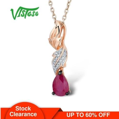 VISTOSO Gold Pendants For Women Authentic 14K 585 Rose Gold Natural Ruby Sparkling Diamond Trendy Necklace Pendant Fine Jewelry