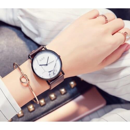 X.A.X Women Marble Watches With Black Case Genuine Leather Strap Brown for Ladies