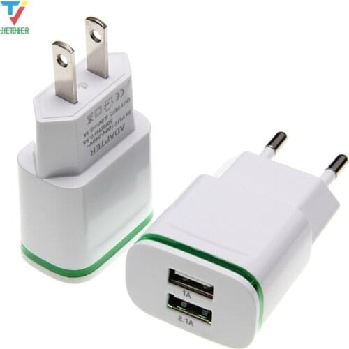 50pcs/lot LED Light 2 Ports USB Charger Cable EU/US Plug 5V 2A Mobile Phone Wall Adapter For iPhone iPad Samsung Charging Device