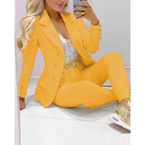 Autumn Elegant Women Lapel Collar Double Long Sleeve Breasted Blazer Tailored Pants Set Two Pieces Office Lady Work Blazer Sets