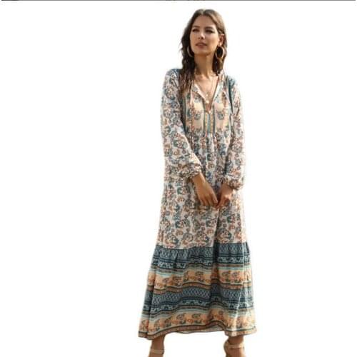 Women Lace-Up Ethic Floral Print Bohemian Dress Fashion Spring Summer Long Dress Casual Stitching Maxi Dresses Vestidos J3277