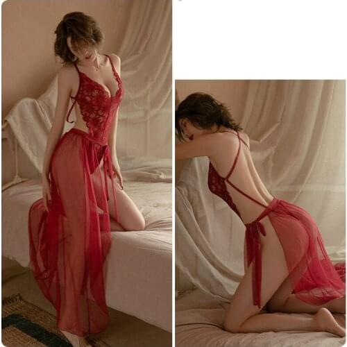 Womens Sexy Lace See Through Porn Sleep Wear Night Dress Deep V Backless Lingerie Night Gown Babydoll Lingerie Porno Sleepwear