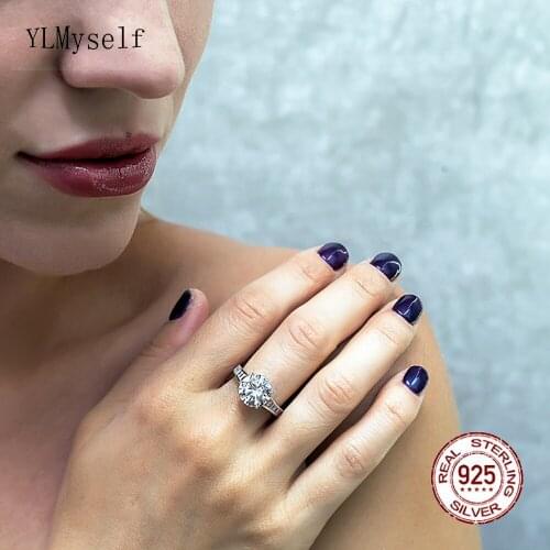 Real 925 silver wedding ring big round cut cubic Zirconia crystal stone elegant finger rings for bridal Top Engagement jewelry