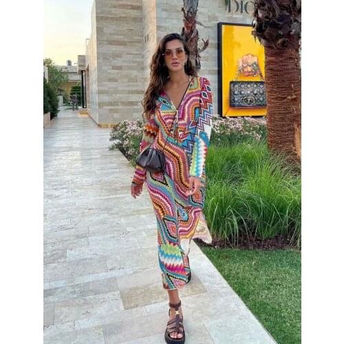 2021 summer womens beach style color printed slim dress Za V-neck one-piece retro womens long sleeve long side split dress