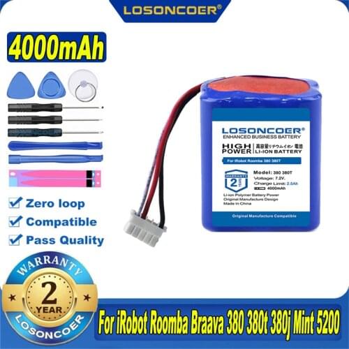 100% Original LOSONCOER 4000mAh Battery For IRobot Roomba Braava 380 380t 380j Mint 5200 5200B 5200C