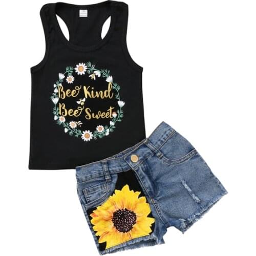 2PCS 1-6Y Fashion Lovely Newborn Baby Girls Sleeveless O-Neck Pullover Letter Floral Print Black Vest Tops Flowers Denim Shirts