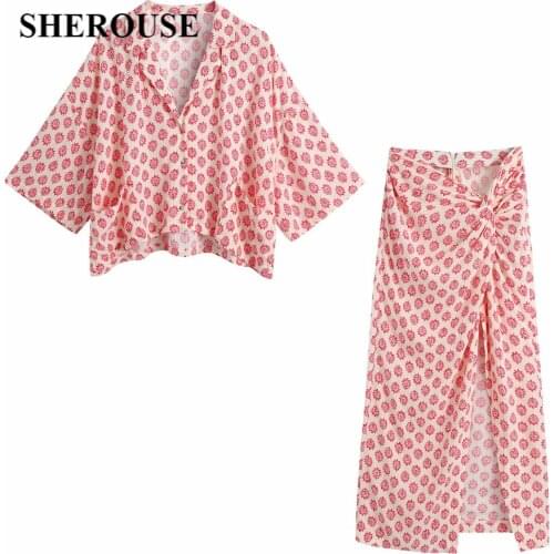 2021 Women Fashion Two Pieces Set Printed Button-up V-Neck Shirts and Midi Slit Skirts Suit Chic Lady Outfit Dress Sets Summer