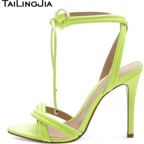 Neon High Heel Sandals Woman 2019 Strappy Heels Ladies Heeled Footwear Pink Open Toe Green Ankle Strap Fashion Cute Summer Shoes
