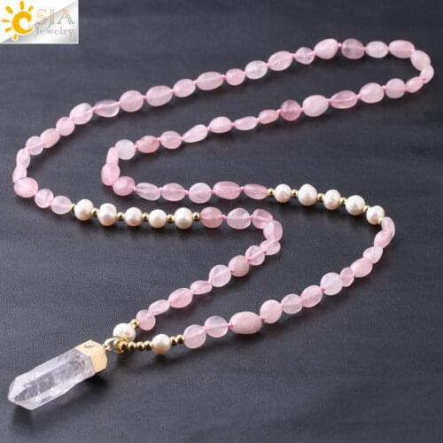 CSJA Pink Quartz Amazonite Necklace Oval Natural Stone Pearl Long Sweater Chain Beaded Necklaces Pendants for Women Jewelry F775